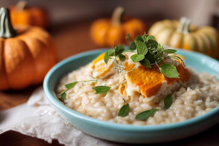 Immagine di un risotto cremoso impiattato con cura, decorato con erbe fresche e ingredienti gourmet.