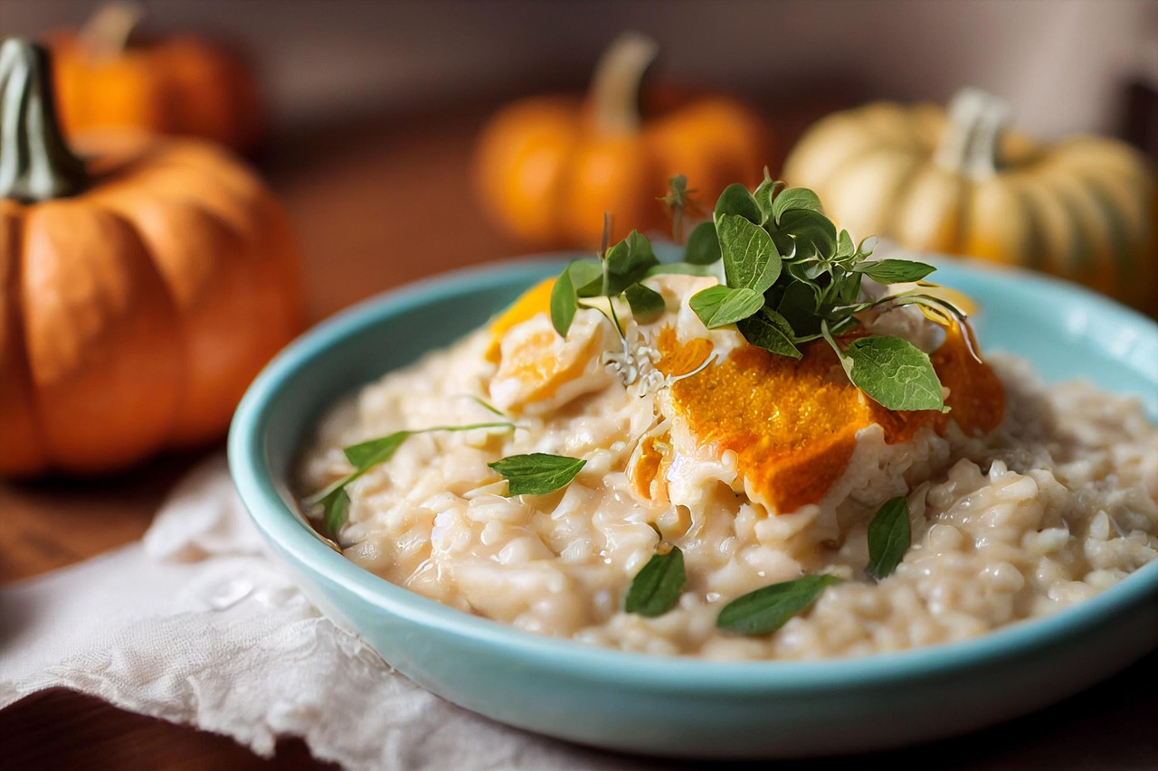 Immagine di un risotto cremoso impiattato con cura, decorato con erbe fresche e ingredienti gourmet.
